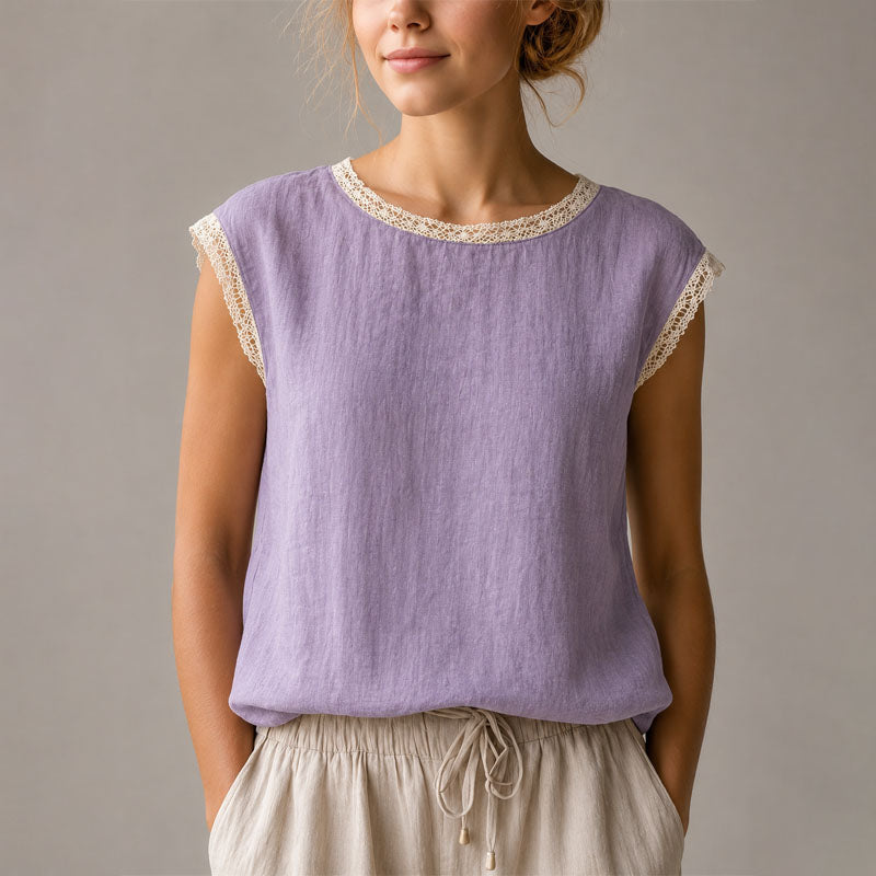 Women's Lace Trim Cap Sleeve Casual Blouse
