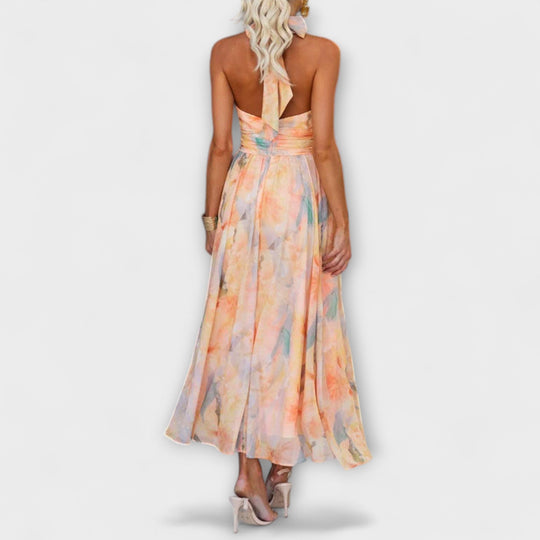 Women's Watercolor Halter Neck Pleated Maxi Dress