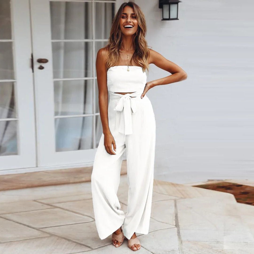 Women's Strapless Wide Leg Jumpsuit with Tie Waist