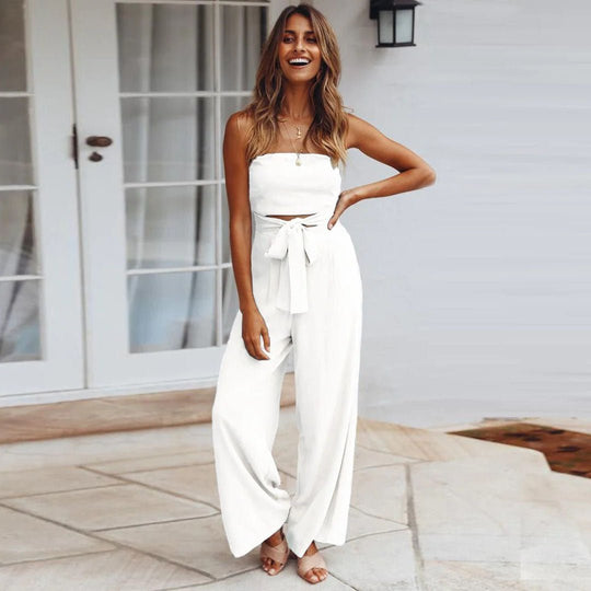Women's Strapless Wide Leg Jumpsuit with Tie Waist