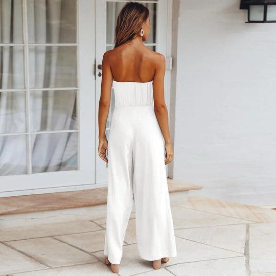 Women's Strapless Wide Leg Jumpsuit with Tie Waist