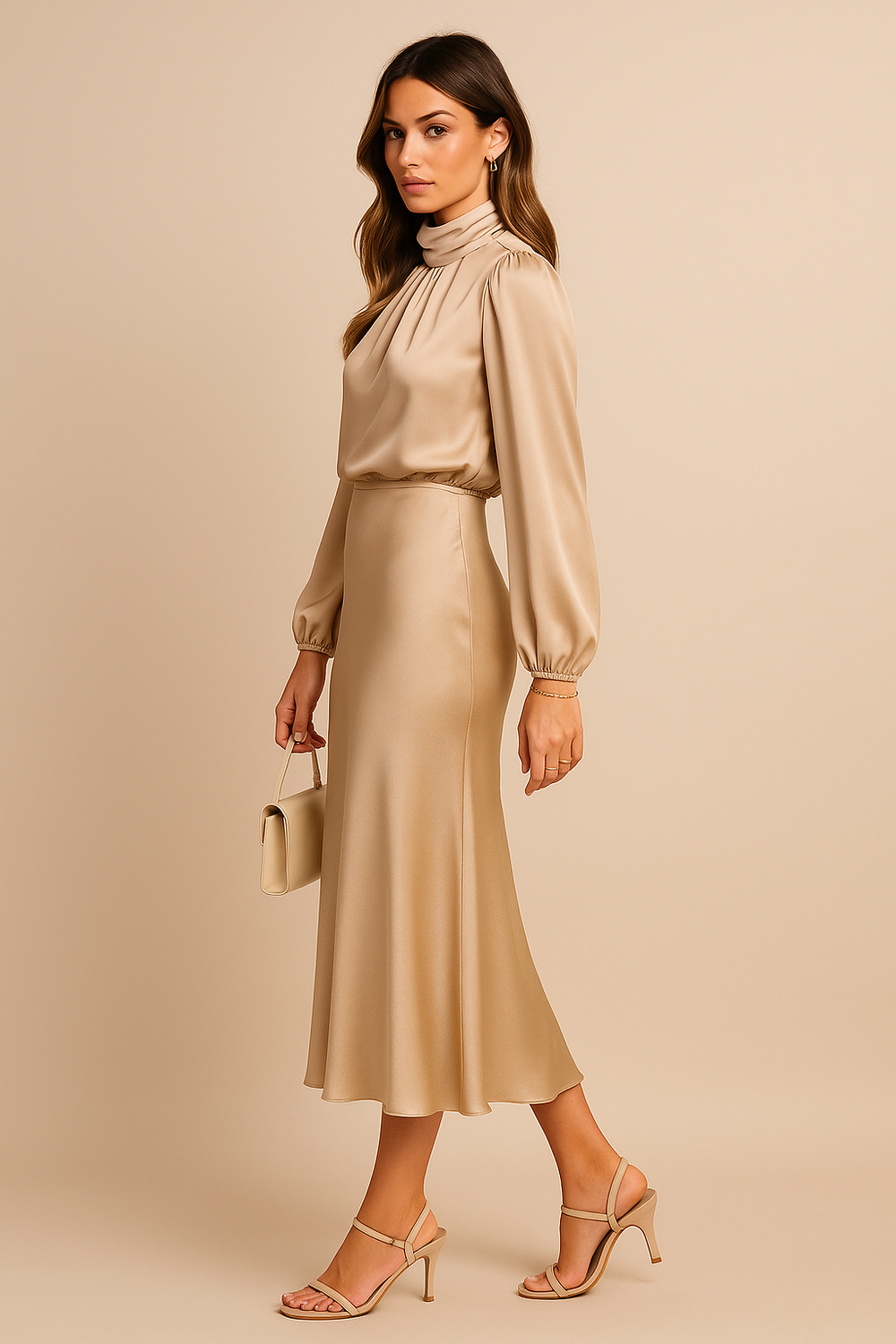 Damen Hoher Kragen Midi Kleid