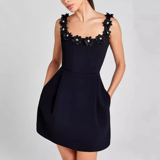 Women's Floral Appliqué Square Neck Mini Skater Dress