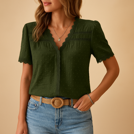 Damen lässige Bluse mit strukturiertem Spitzenbesatz und V-Ausschnitt