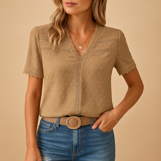 Damen lässige Bluse mit strukturiertem Spitzenbesatz und V-Ausschnitt