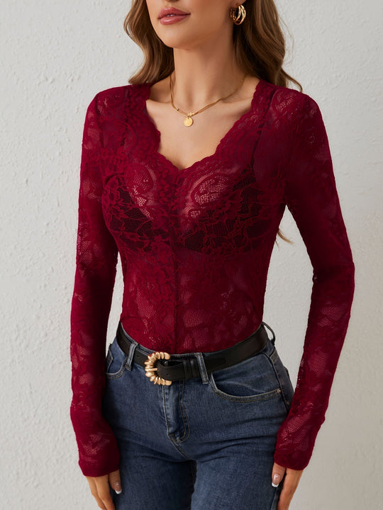 Damen Elegante Blumenspitzen V-Ausschnitt Langarmbluse