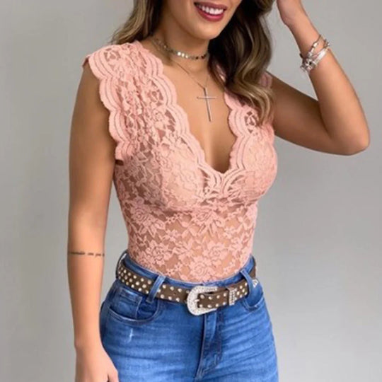 Women's Floral Lace V-Neck Bodysuit Blouse