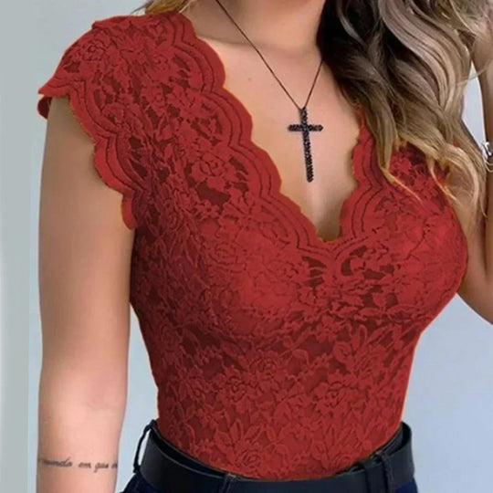 Women's Floral Lace V-Neck Bodysuit Blouse