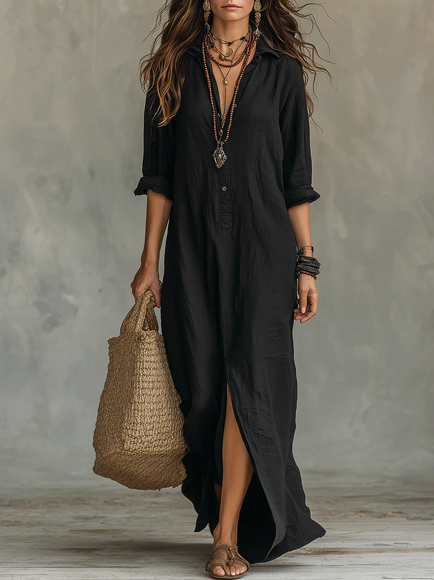 Women's Bohemian Button-Front Maxi Shirt Dress