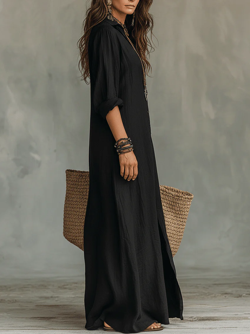 Women's Bohemian Button-Front Maxi Shirt Dress