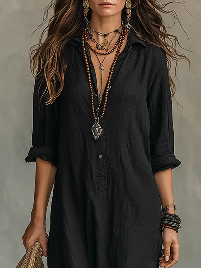 Women's Bohemian Button-Front Maxi Shirt Dress
