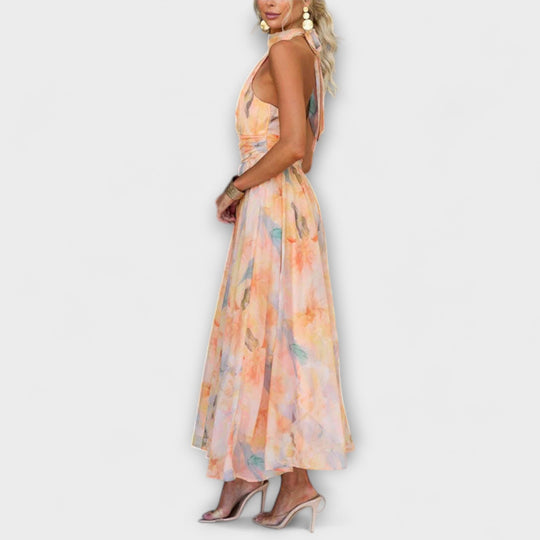 Women's Watercolor Halter Neck Pleated Maxi Dress