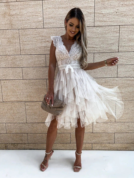 Women's Floral Lace Tiered Tulle Mini Dress