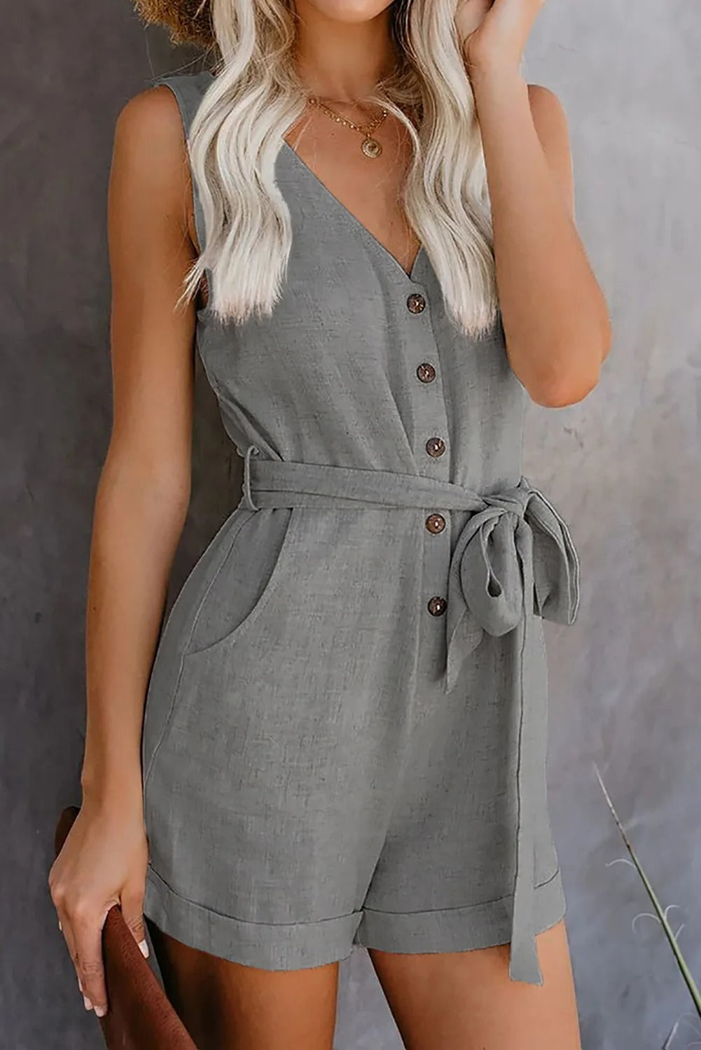 Women's Casual Sleeveless Button Front Belted Romper