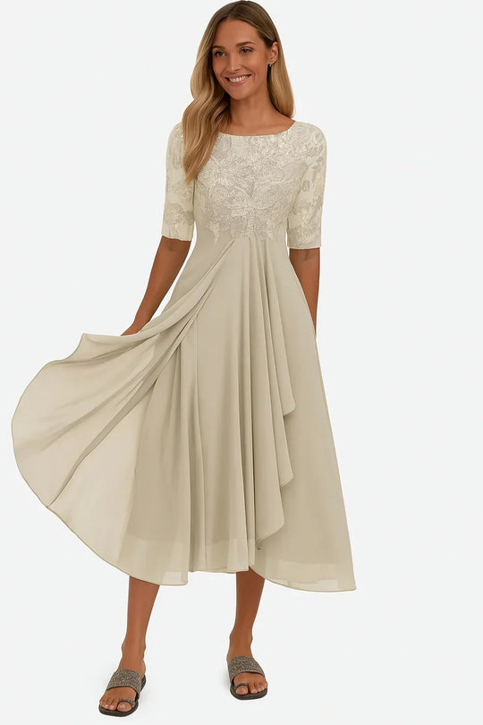 Women's Lace Bodice Chiffon Midi Dress