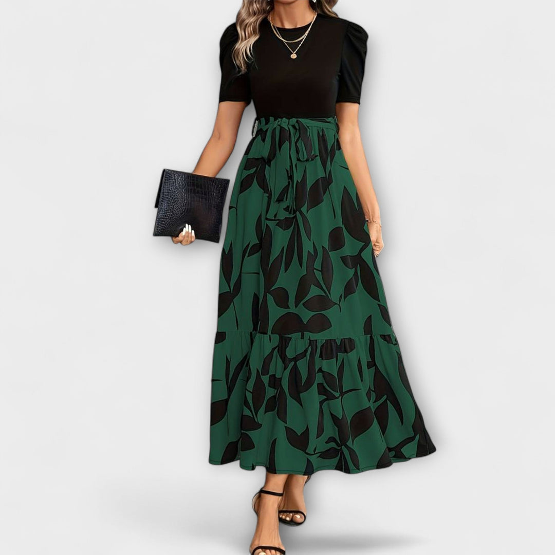 Women's Printed Two-Tone Maxi Dress with Leaf Print Skirt