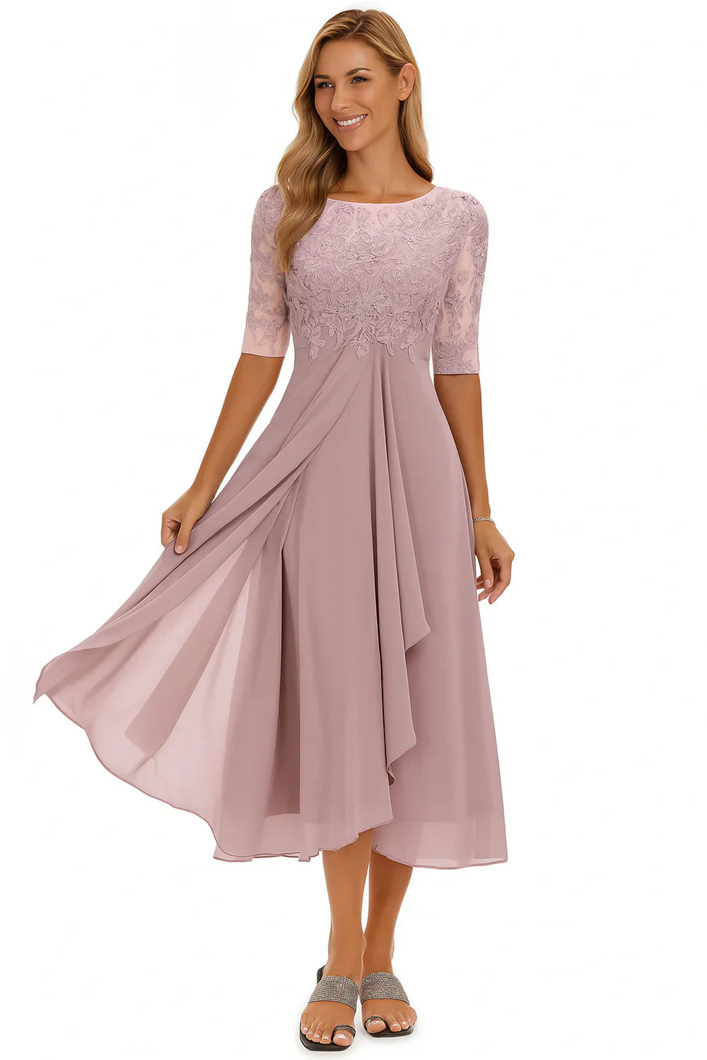 Women's Lace Bodice Chiffon Midi Dress