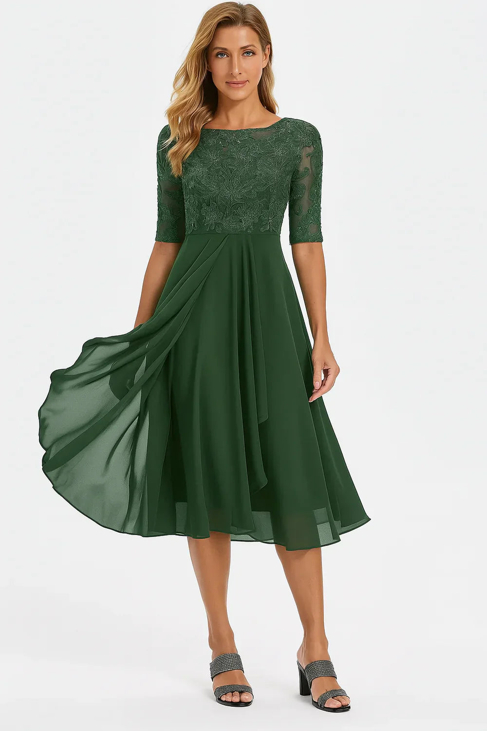 Women's Lace Bodice Chiffon Midi Dress
