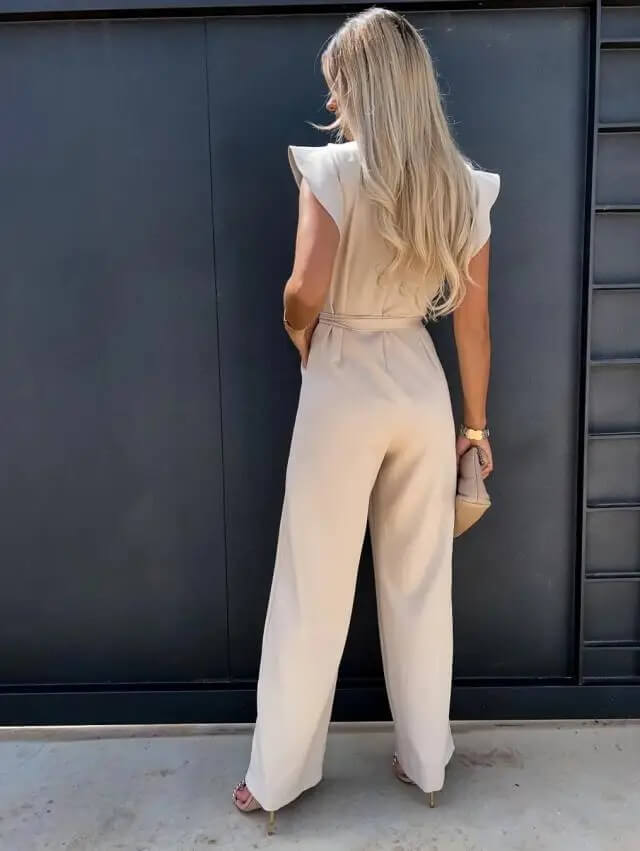 Women's Elegant Ruffle Sleeve Belted Wide-Leg Jumpsuit