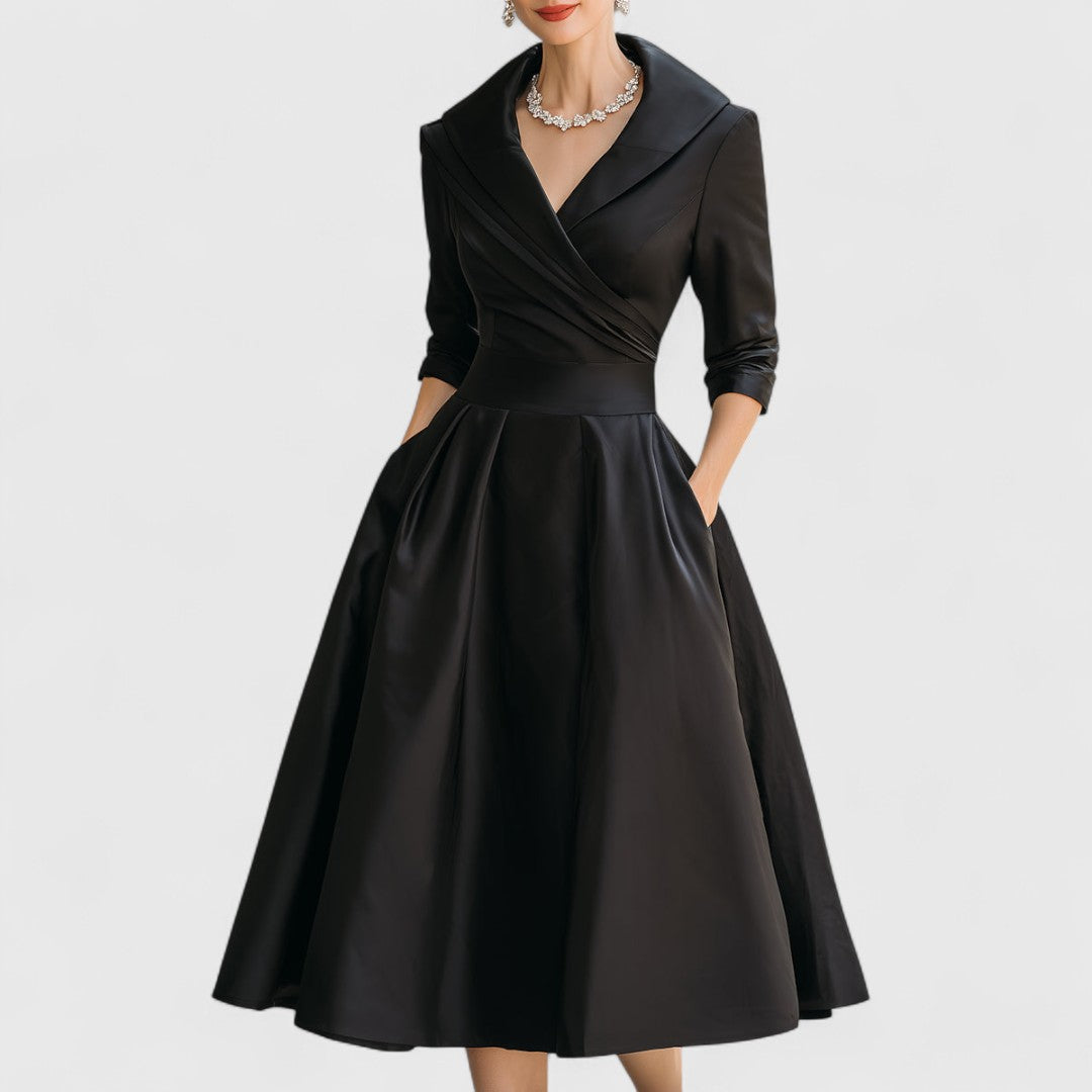 Women's Elegant Satin Wrap Midi Dress with Shawl Collar