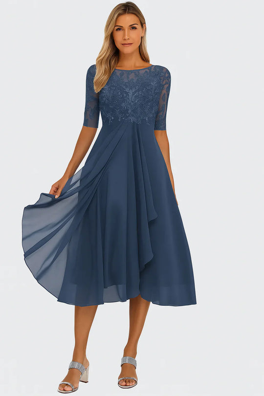 Women's Lace Bodice Chiffon Midi Dress
