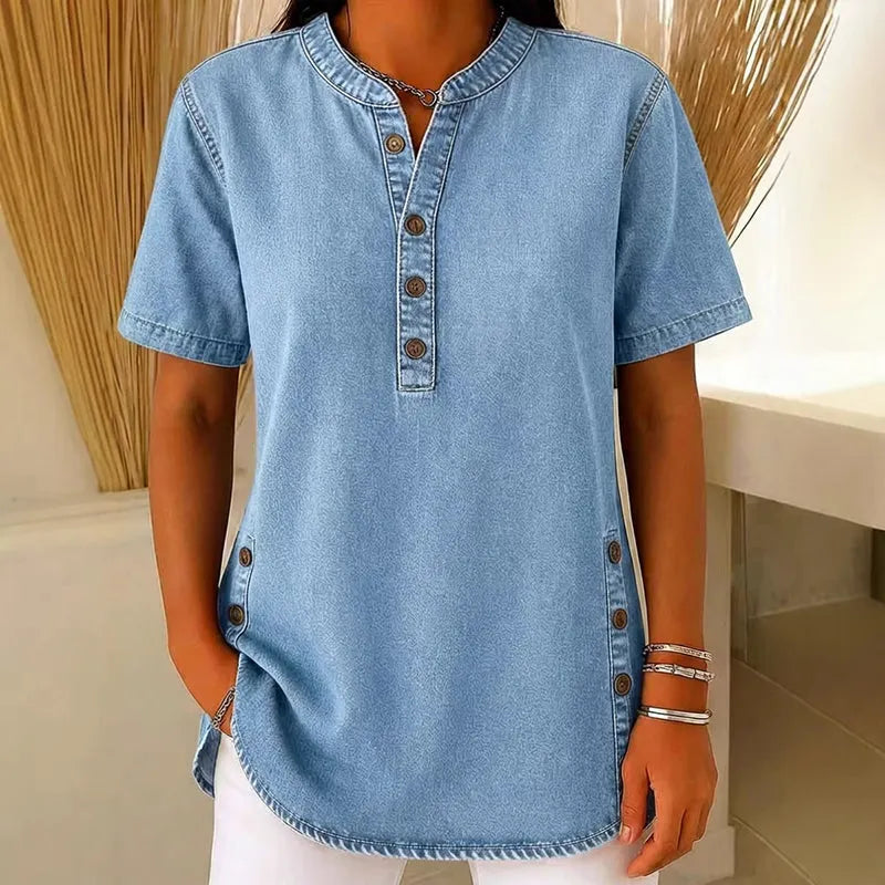 Women's Casual Denim-Look Button Detail Tunic Top