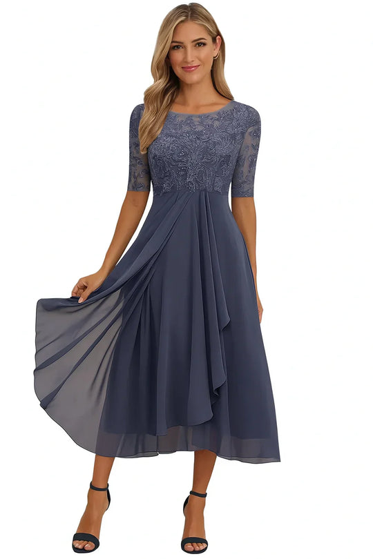 Women's Lace Bodice Chiffon Midi Dress