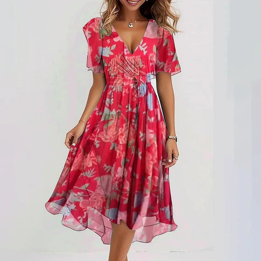 Women's Floral V-Neck Flutter Sleeve Midi Dress
