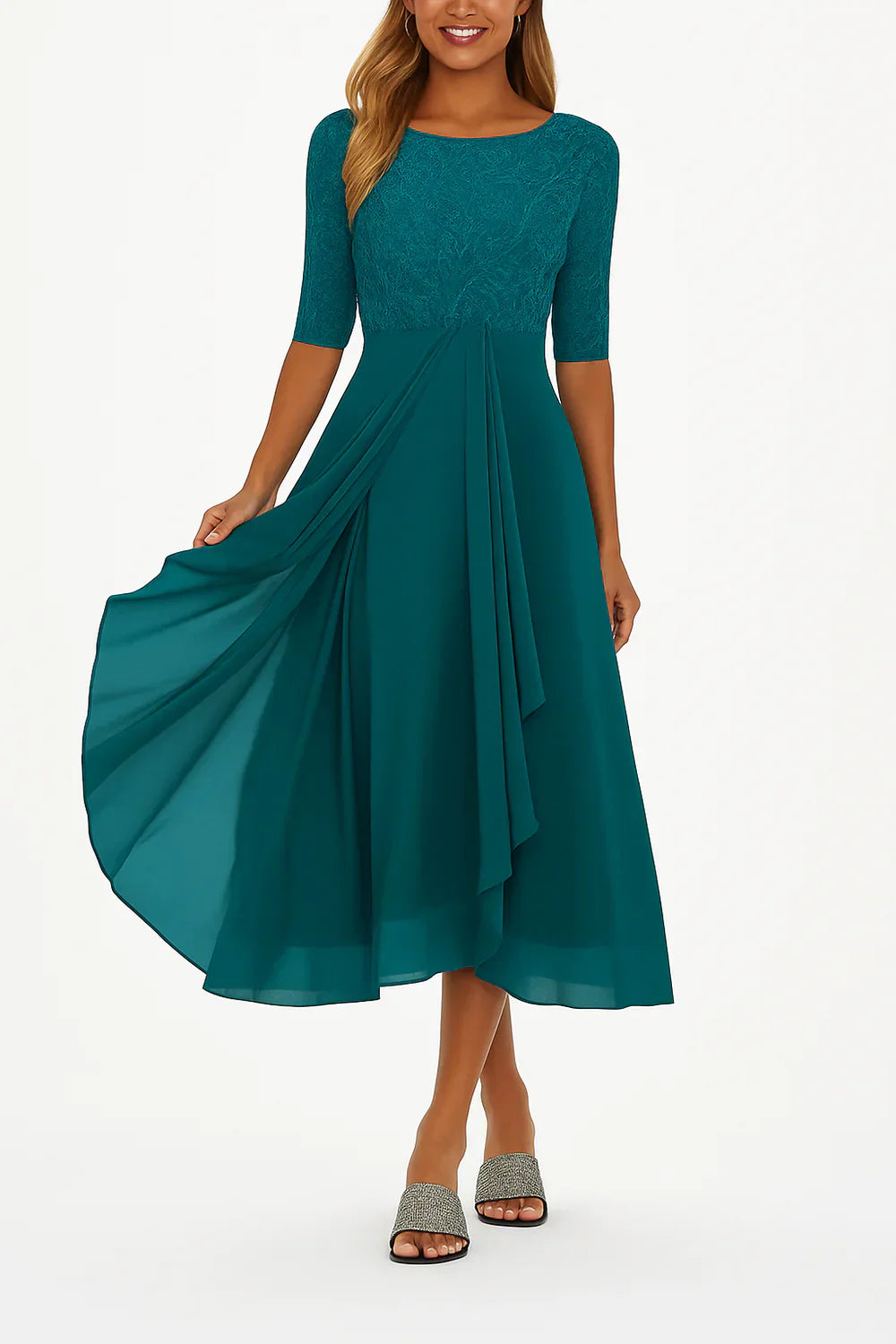 Women's Lace Bodice Chiffon Midi Dress