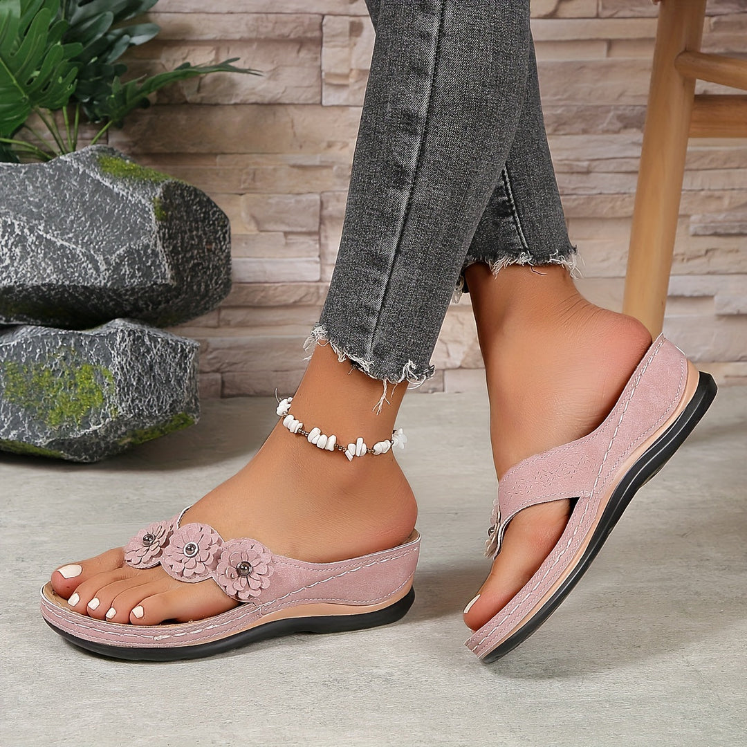 Women's Floral Appliqué Comfort Wedge Thong Sandals