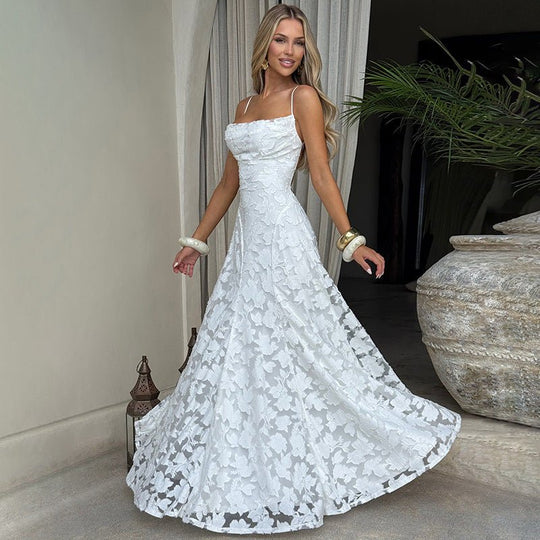 Women's Floral Jacquard Spaghetti Strap A-Line Evening Maxi Dress
