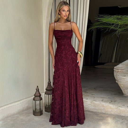 Women's Floral Jacquard Spaghetti Strap A-Line Evening Maxi Dress