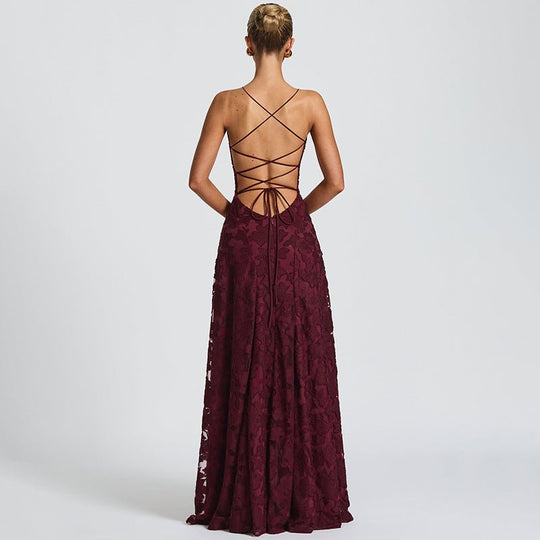 Women's Floral Jacquard Spaghetti Strap A-Line Evening Maxi Dress
