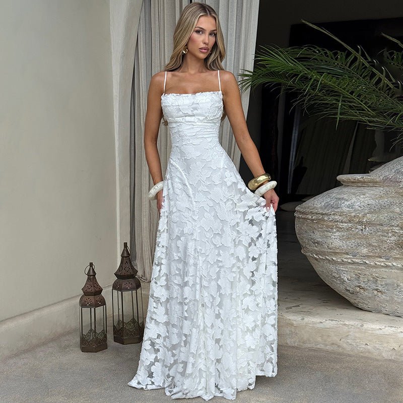 Women's Floral Jacquard Spaghetti Strap A-Line Evening Maxi Dress