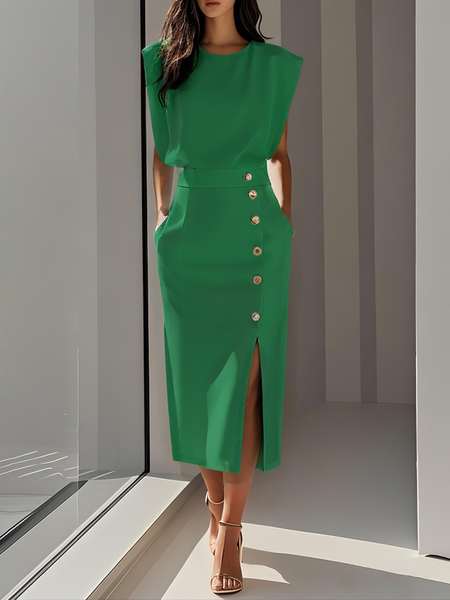 Elegantes ärmelloses Damenblusen- und Midirock-Set mit Knopfdetail