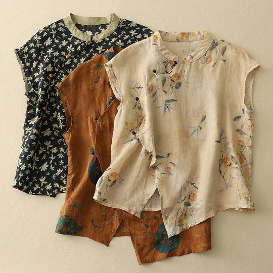 Women's Vintage Floral Linen Blend Blouse with Asymmetrical Button Detail