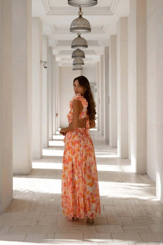 Women's Floral Ruffle Cut-Out High Slit Maxi Dress