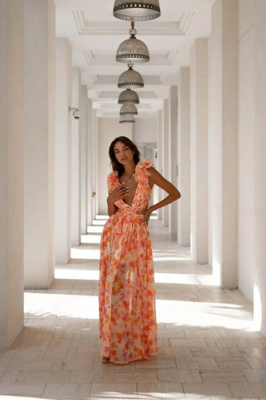 Women's Floral Ruffle Cut-Out High Slit Maxi Dress