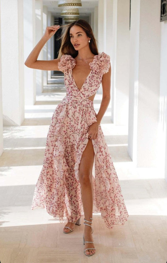 Women's Floral Ruffle Cut-Out High Slit Maxi Dress