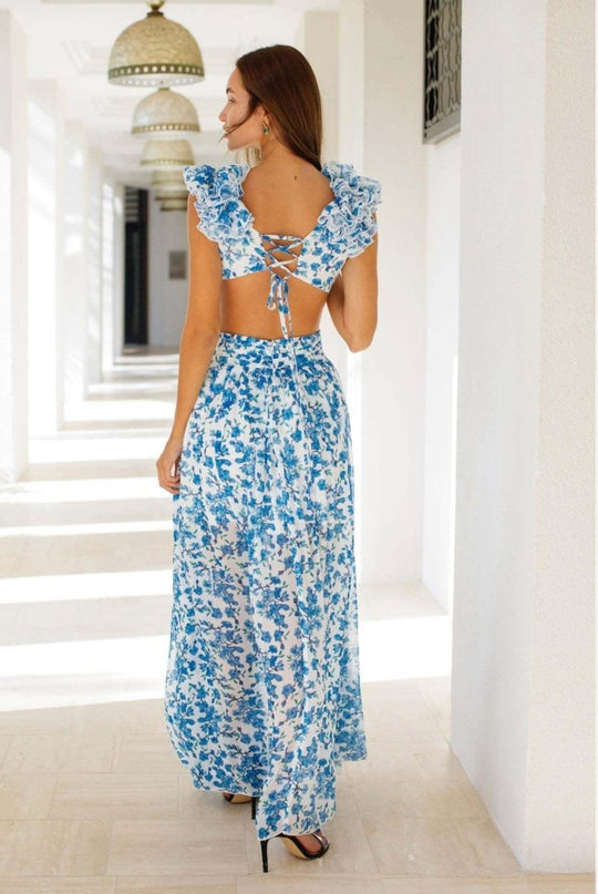 Women's Floral Ruffle Cut-Out High Slit Maxi Dress