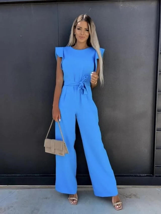 Women's Elegant Ruffle Sleeve Belted Wide-Leg Jumpsuit