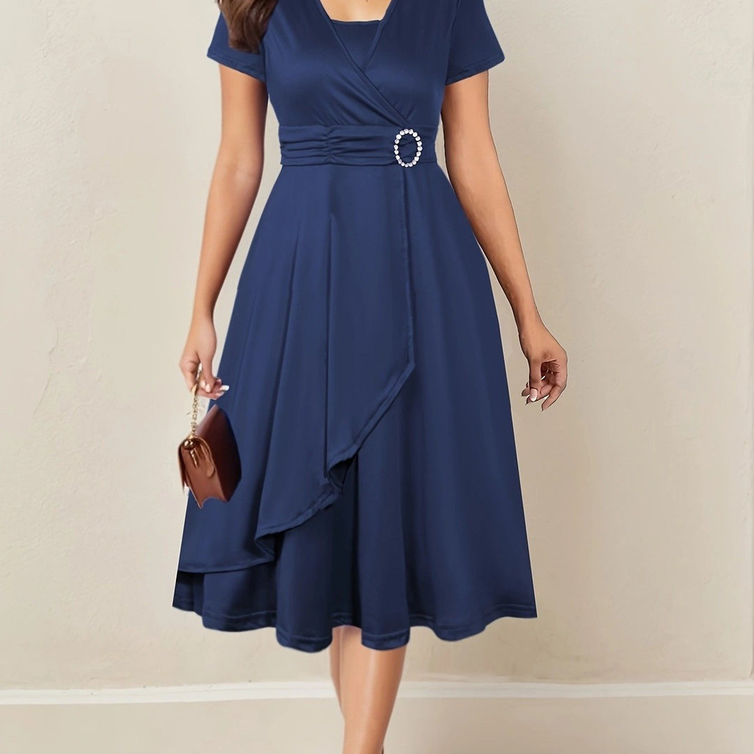 Women's Wrap Midi Dress with Decorative Waist Buckle