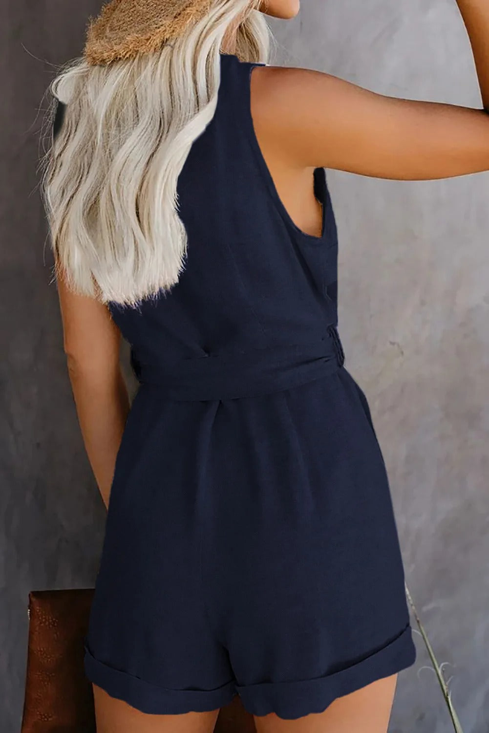 Women's Casual Sleeveless Button Front Belted Romper