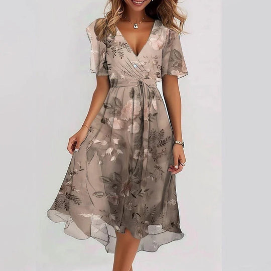 Women's Floral V-Neck Flutter Sleeve Midi Dress