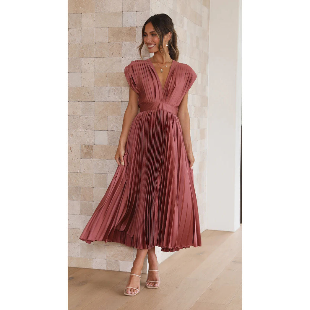 Women's Pleated Deep V-Neck Maxi Dress
