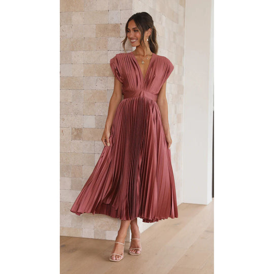 Women's Pleated Deep V-Neck Maxi Dress