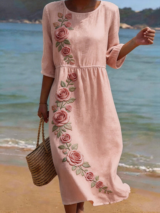 Women's Floral Embroidered Relaxed Fit Midi Dress