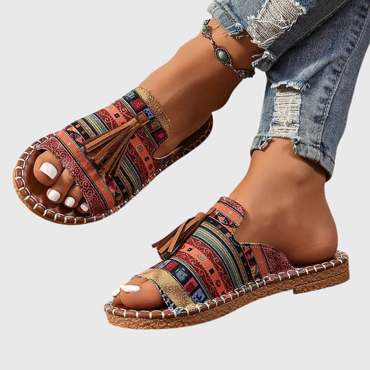 Women's Bohemian Tassel Slide Sandals with Tribal Print