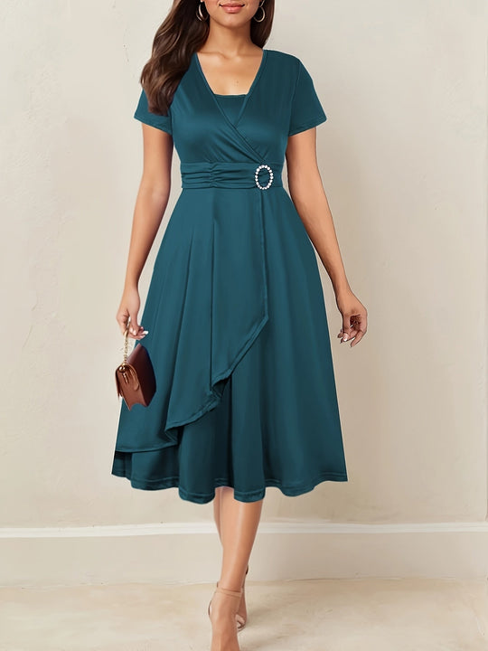 Women's Wrap Midi Dress with Decorative Waist Buckle