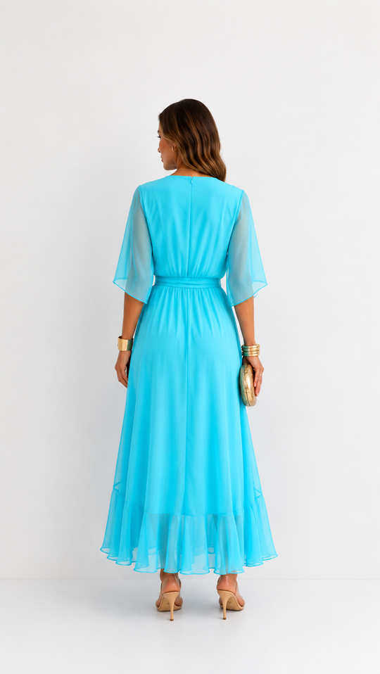 Women's V-Neck Tie Waist High Low Midi Dress